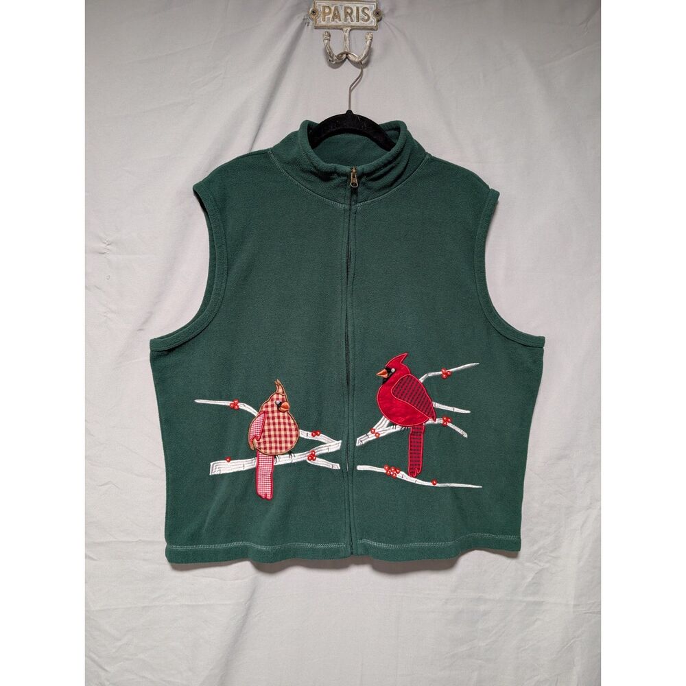 Rebecca Malone Women's Green Fleece Zip Up Vest Cardinals Birds Nature Top